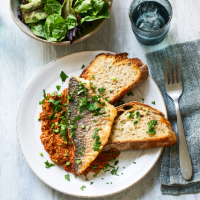 Sea bass with quick romesco sauce and sourdough