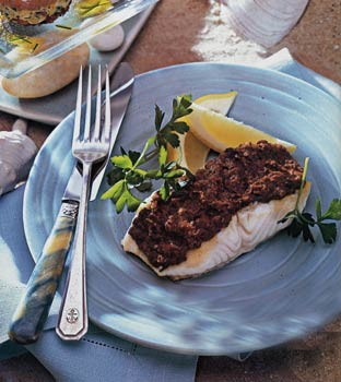 Sea bass with red pepper and olive tapenade