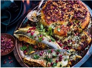 Sea bass with saffron, orange, walnuts & sour cherry with herbed pilaf sabzi polo