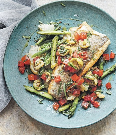 Sea bass with sauce vierge, baby potatoes & asparagus