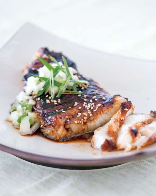 Sea bass with soy glaze and cucumber salsa