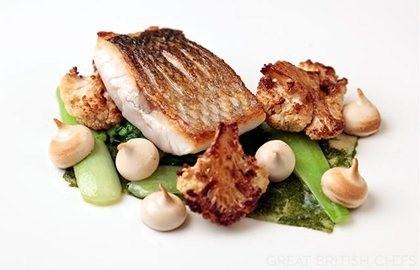 Sea bass with soy sauce meringue, pak choi and cauliflower