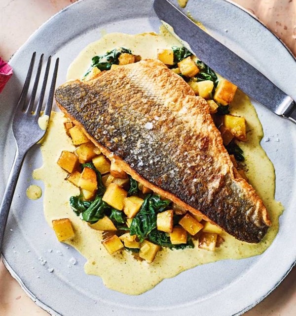 Sea bass with spiced potato and curry sauce [Frankie Van Loo]