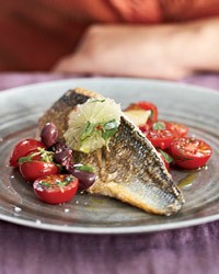 Sea bass with tomato and black olive salsa