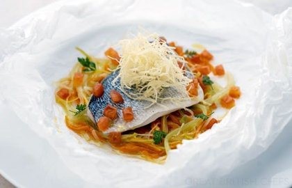 Sea bream with glazed vegetables, straw potatoes and gourmand vinaigrette