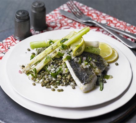 Sea bream with lentils and baby leeks