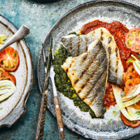 Sea bream with mojo rojo and mojo verde