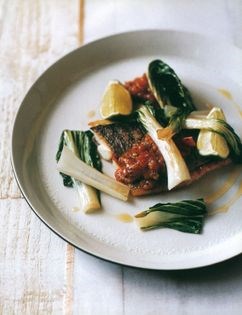 Sea bream with pak choi and tomato and ginger chutney 