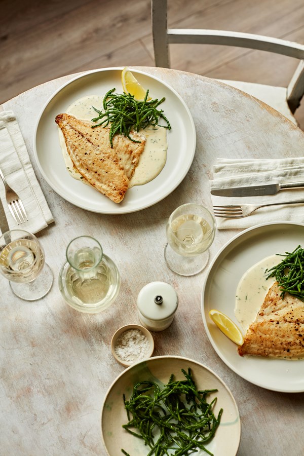 Sea bream with samphire and chive cream sauce