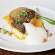 Sea bream with sunchokes, pickled pumpkins, roasted pumpkin seeds & watercress