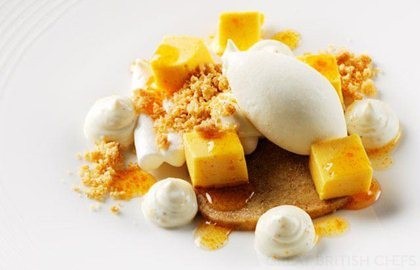 Sea buckthorn curd meringue with yoghurt sorbet and wholemeal shortbread