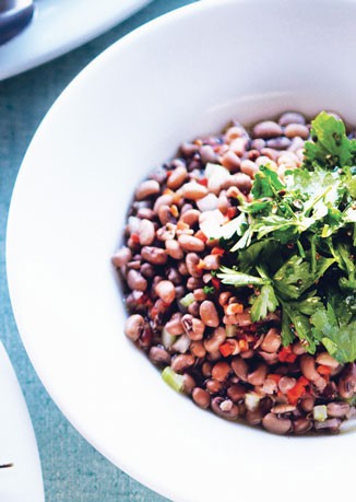 Sea Island red peas with celery leaf salad