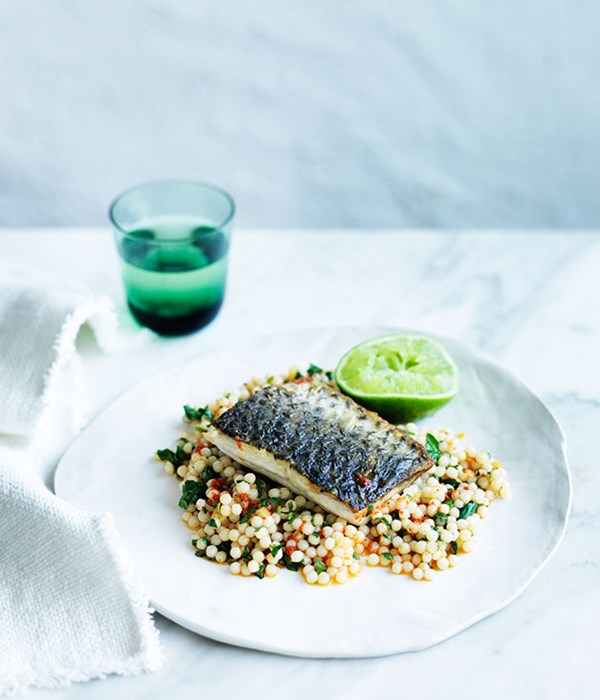 Sea mullet with harissa, preserved lemon and pearl couscous