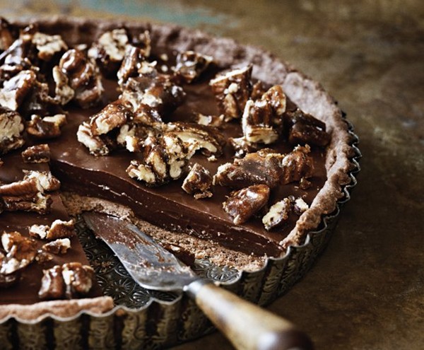 Sea-salted chocolate and pecan tart