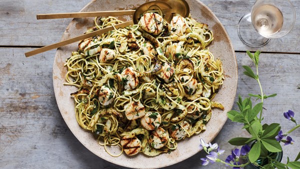 Sea scallops over shallot-herb pasta