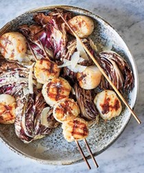 Sea scallops with apple-celery root slaw