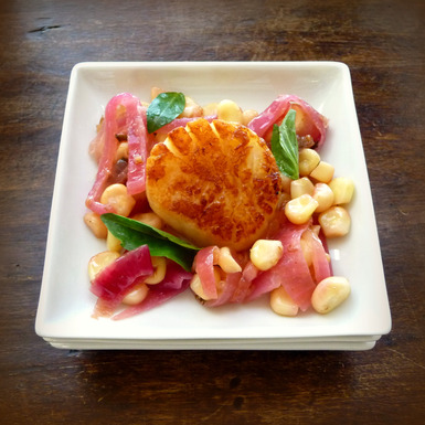 Sea scallops with corn, Thai basil and lime appetizer