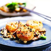 Sea scallops with salsify, shiitake mushrooms, and white miso