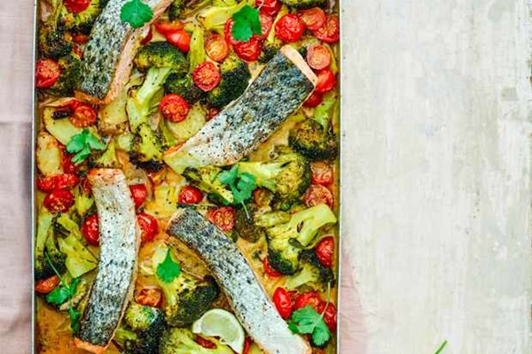Sea trout, new potato and asparagus traybake with dill mustard sauce
