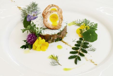 Sea trout tartare with salmon Scotch egg (Sea trout tartare with braden rost salmon Scotch egg and crowdie)