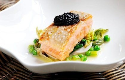 Sea trout with asparagus, peas and caviar