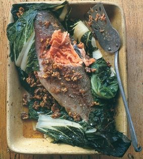Sea trout with chard and walnuts