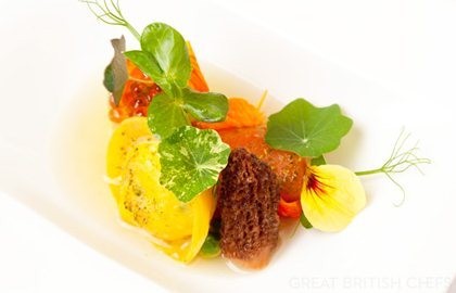 Sea trout with garden pea, nasturtium and langoustine dashi