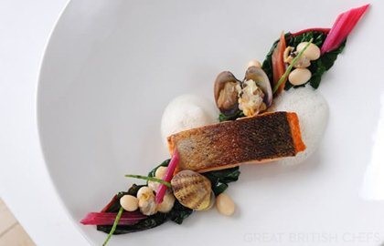 Sea trout with ruby chard and clams