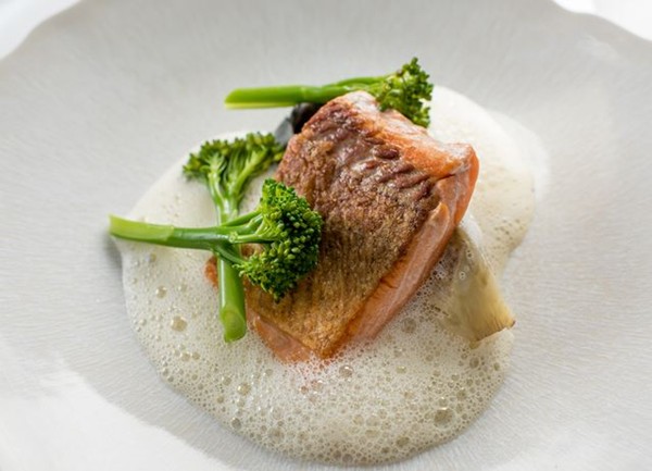 Sea trout with scallop tortellini, Tenderstem® broccoli and scallop velouté