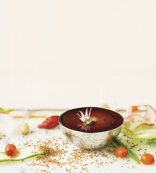 Sea urchin mousse with soy jelly, vegetable salad & camelina seeds