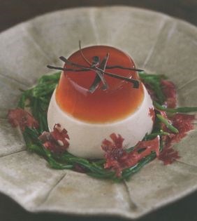 Sea urchin panna cotta with dashi jelly and seaweed