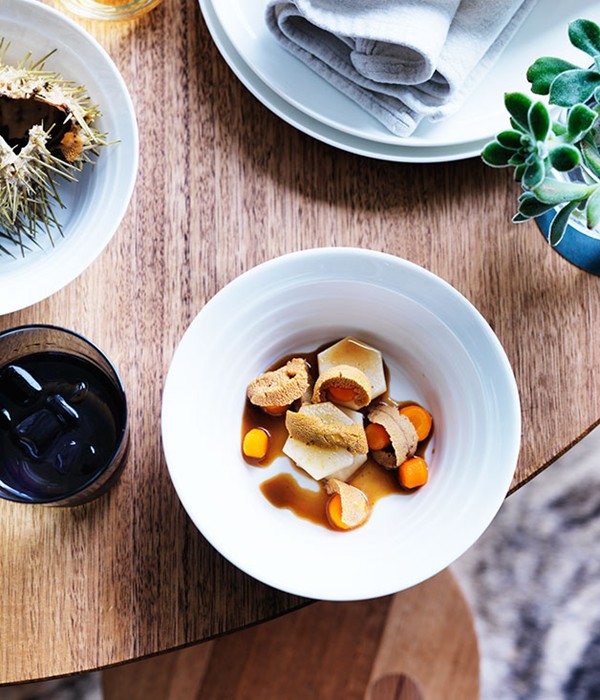 Sea urchin with chilled root vegetables braised in dashi 