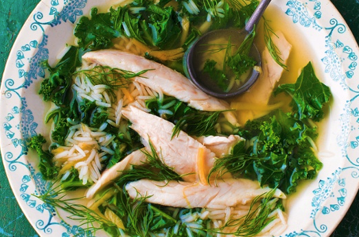 Seabass congee with kale, ginger and dill