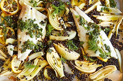 Seabass, fennel & lentil traybake with salsa verde