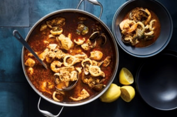 Seafood and chorizo paella soup