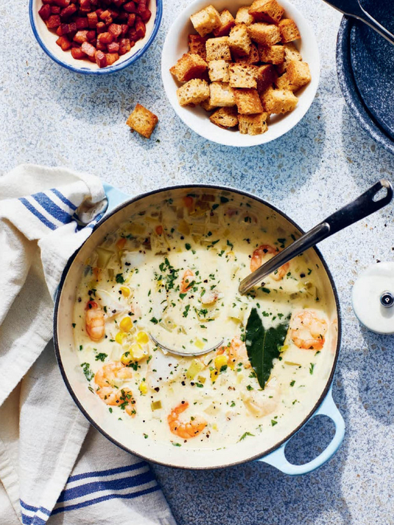 Seafood and sweetcorn chowder with croutons