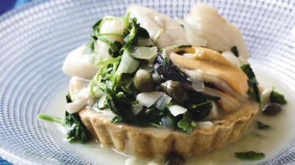 Seafood and watercress tarts