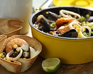 Seafood chilli with tortilla bowls