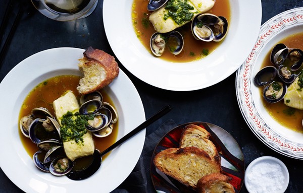 Seafood en brodo with tarragon pesto