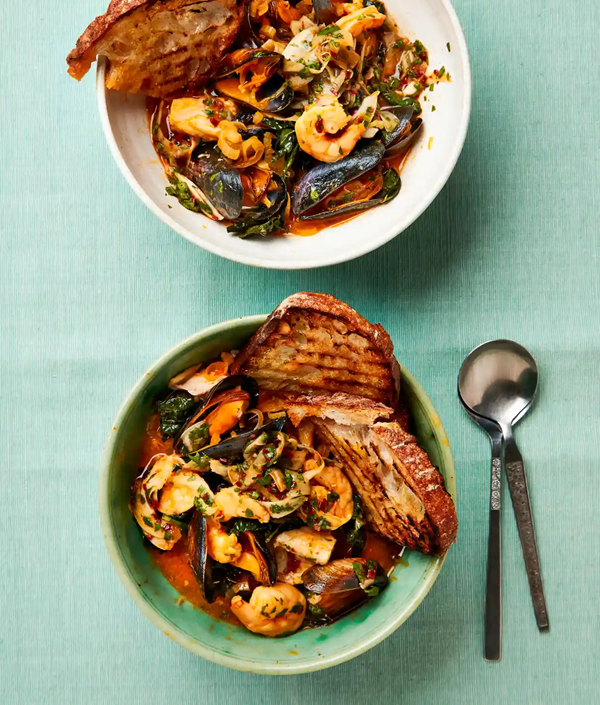 Seafood in saffron and cascabel chilli broth