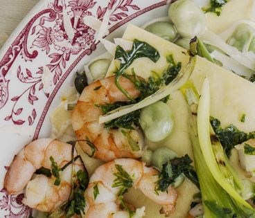 Seafood lasagne with herb oil