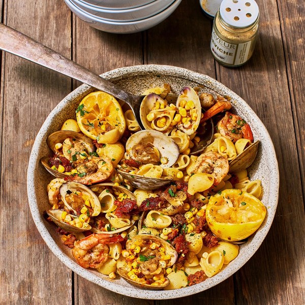 Seafood pasta with chorizo and corn