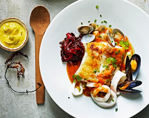 Seafood stew with saffron mayo and pepper marmalade