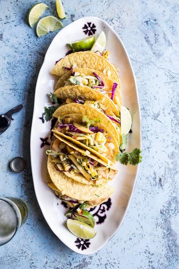 Seafood tacos with lime-green chile sauce + grilled corn slaw