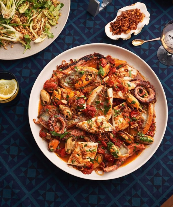 Seafood with harissa & tomato broth