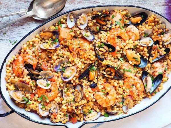 Seafood with saffron fregola