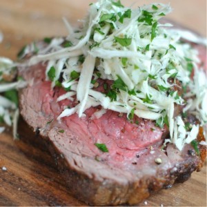 Sear-roasted beef tenderloin with fresh-grated horseradish