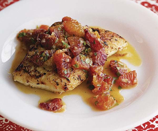 Sear-roasted halibut with blood orange salsa