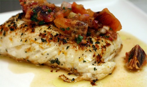 Sear-roasted halibut with blood orange salsa