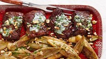 Sear-roasted skirt steak with endive and blue cheese